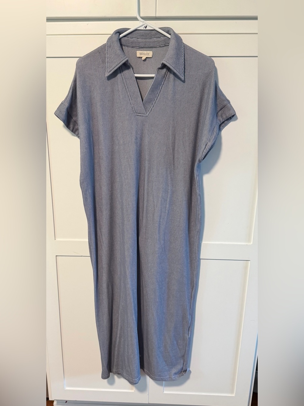 Roolee Cotton Blend Ribbed Blue Collared Maxi Dress